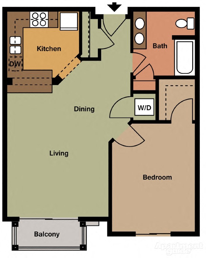 Floor plan for 1 bed, 1 bath, 760 sqft